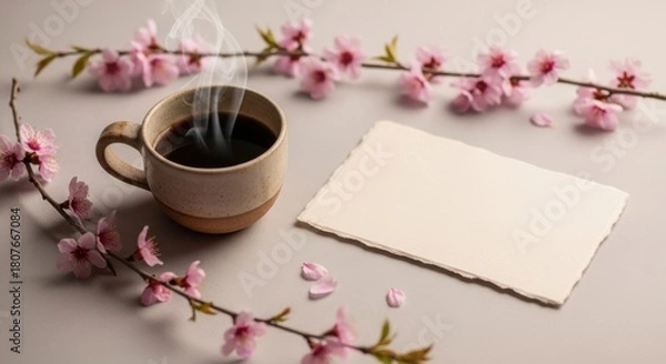 Obraz A warm cup of coffee rests beside a blank card surrounded by delicate pink cherry blossoms