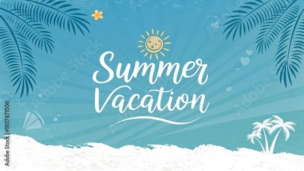 Obraz Photo of summer vacation illustration with palm trees, sun, and beach, perfect for posters, banners, and social media posts, creating a fun and inviting atmosphere