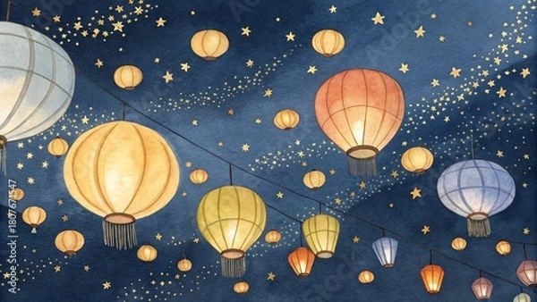 Obraz Photo of watercolor illustration of lanterns and stars on a dark blue background, creating a magical and festive atmosphere, perfect for celebrations and events