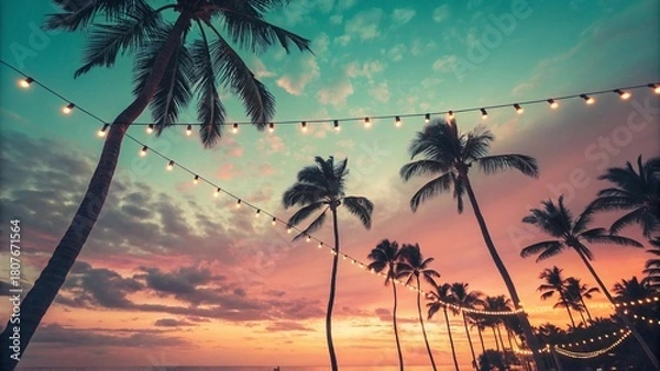 Obraz Photo of tropical sunset with palm trees and string lights, creating a magical and serene atmosphere, perfect for travel, vacation, and summer themes