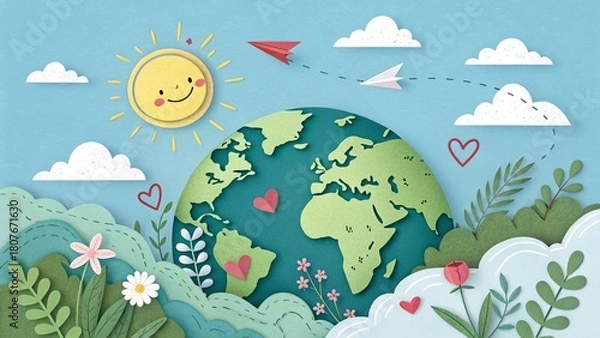 Obraz Photo of a cheerful paper art illustration of earth surrounded by smiling sun, clouds, paper planes, flowers, and hearts, promoting environmental awareness and global harmony