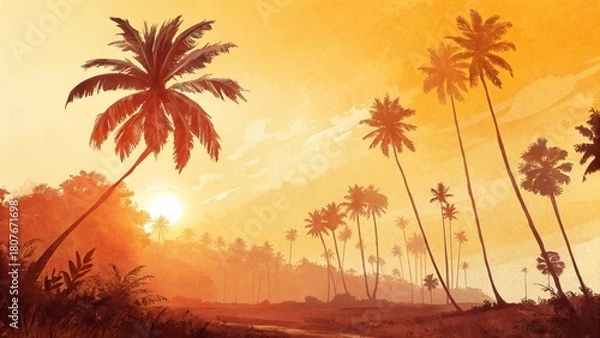 Obraz Photo of scenic view of a tropical landscape with silhouetted palm trees against a vibrant orange sunset sky, evoking a sense of tranquility and exotic beauty in nature