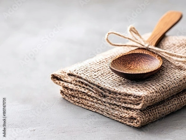 Obraz A wooden spoon is tied with twine and placed on top of a stack of burlap fabric, set against a textured gray background.