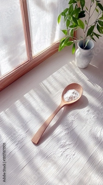 Obraz A wooden spoon holds a small amount of white powder, placed on a textured white surface bathed in sunlight filtering through a window.