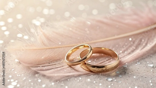 Obraz Photo of two golden wedding rings resting on a delicate pink feather, symbolizing love, commitment, and the beginning of a lifelong journey together in a romantic setting