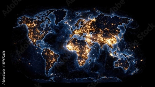 Obraz A detailed map of the Earth at night, illuminated by the lights of cities and populated areas, highlighting continents and oceans.
