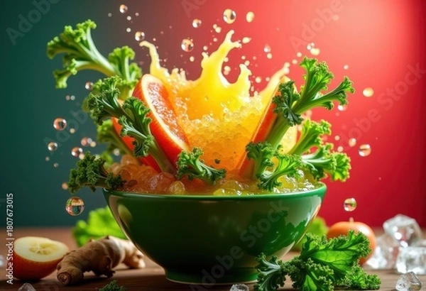 Obraz Energetic Kale Apple Ginger Juice Explosion Bold Colors Culinary Art