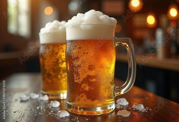 Fototapeta Frothy Cold Beer Overflowing from Pint Mug Exquisite Brew Moment Suds Rising