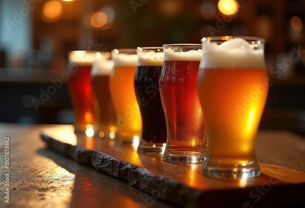 Obraz Vibrant Artisanal Craft Beer Flight Showcase Under Dim Ambient Light Authentic Tasting Experience