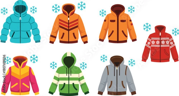 Obraz Winter jacket collection, colorful coat designs, seasonal outerwear set, snowflake detail, fashion cold weather gear, flat vector illustration, hooded styles