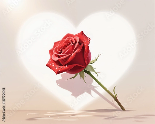 Fototapeta A digital illustration of a red rose on a heart-shaped background, symbolizing love, perfect for a Valentines Day card or gift, with soft, warm colors.