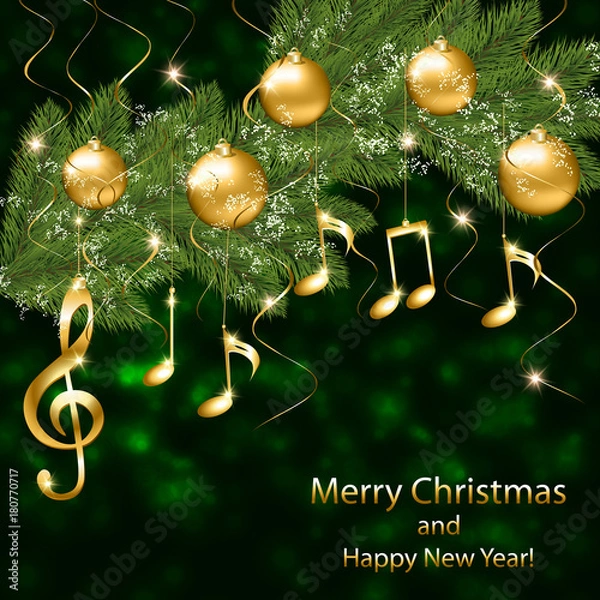 Fototapeta Abstract New Year background with musical notes and treble clef on a Christmas tree branch
