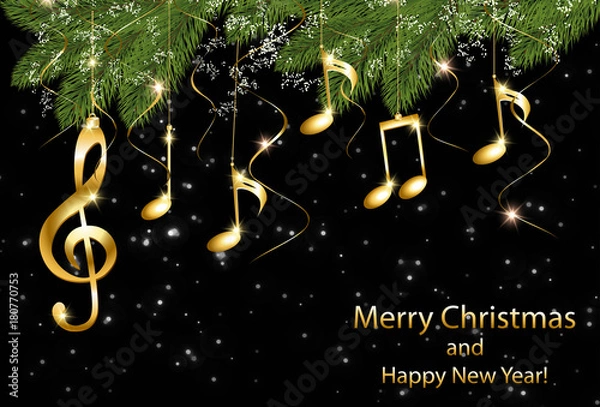 Fototapeta Abstract New Year background with musical notes and treble clef on a Christmas tree branch