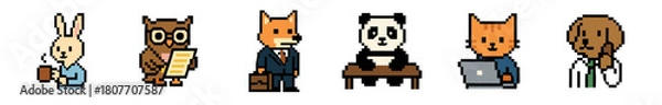 Fototapeta A collection of diverse pixel art animal characters, including a rabbit, owl, fox, panda, cat, and dog, depicted in various professional roles