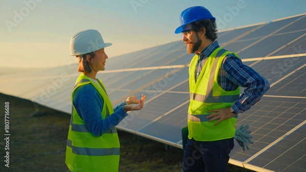 Fototapeta Workers discuss solar panel installation at a renewable energy site during sunset