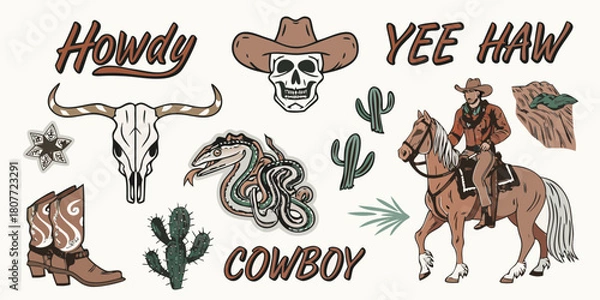 Obraz Western cowboy illustration collection with skull snake cactus and cowboy on horse