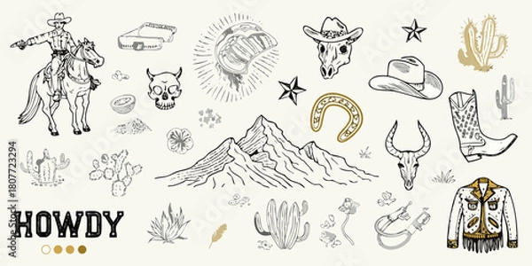 Obraz Hand drawn wild west elements collection with cowboy skull cactus and mountains