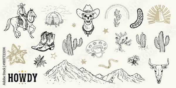 Obraz Hand drawn western elements and desert landscape illustration