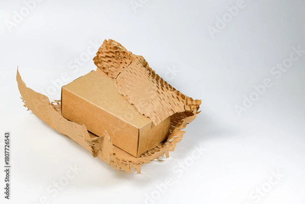 Fototapeta Parcel wrapped in eco-friendly wrapping paper, lightweight bubble wrap for protective packaging, Environmentally friendly Honeycomb paper hexagonal shape made of cardboard recycled craft paper.