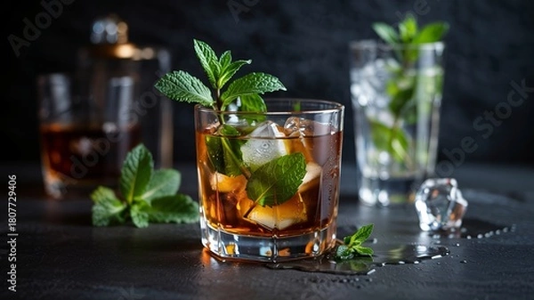 Fototapeta Sophisticated close-up of a bourbon smash cocktail with mint and ice