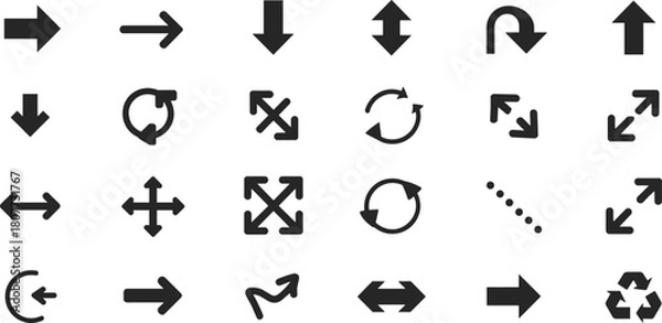 Fototapeta Arrow direction icons set, navigation signs, rotate symbols, curved arrows, expand indicators, minimal black arrow collection, flat vector illustration