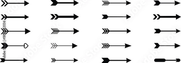 Fototapeta Collection of decorative arrow icons in various styles, minimalist direction symbols, black silhouette arrows for design elements, flat vector illustration