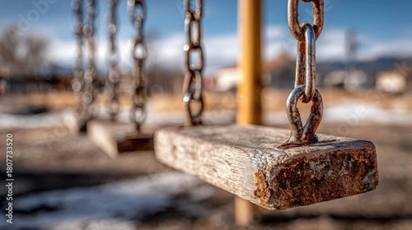 Obraz Rusty metal chains holding weathered wooden swing seats on playground with blurred background of snow patches on ground and distant trees under blue sky
