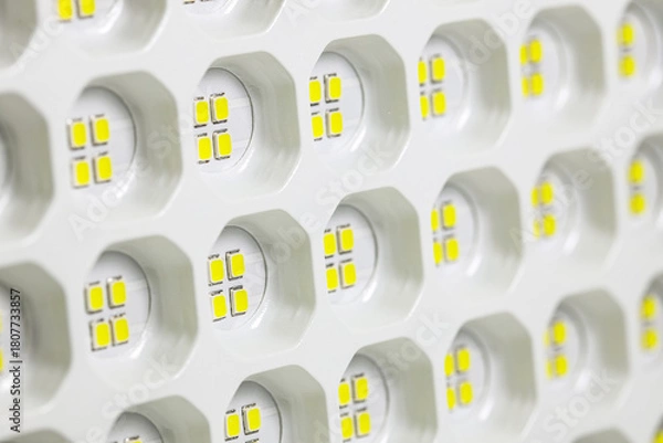 Fototapeta Close up detail of LED outdoor lighting, Solar powered led assembler mounts street light to bracket.