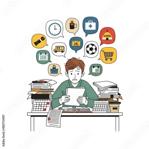 Obraz Overwhelmed man at desk with many tasks and thoughts.