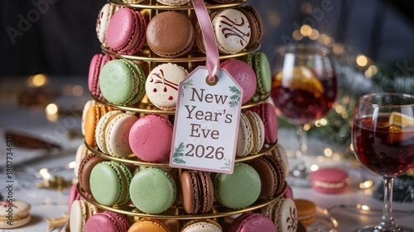 Fototapeta Festive macaron display with New Year's Eve 2026 tag and sangria drinks
