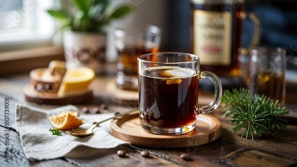 Obraz Freshly brewed Irish coffee in a glass mug on a rustic wooden table