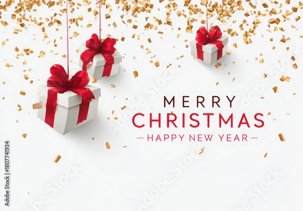 Fototapeta Festive Christmas gifts with red ribbons and gold confetti.