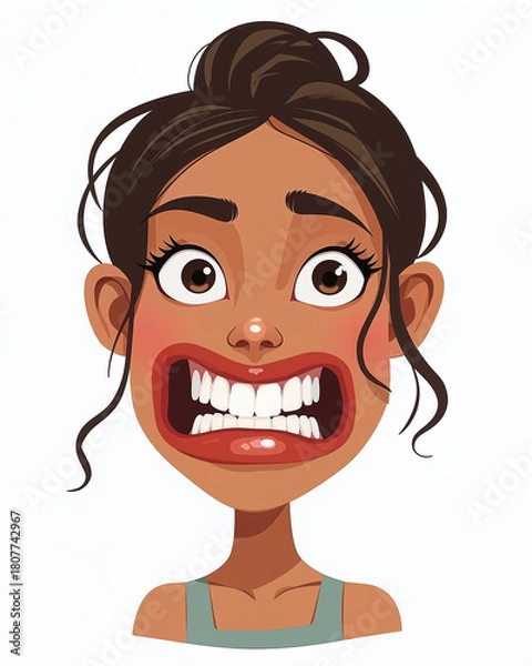 Fototapeta Illustration of a cartoon woman with a shocked expression, wide eyes, and open mouth, against a plain white background, conveying a strong emotional response.
