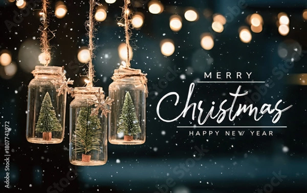 Fototapeta Festive hanging jars with miniature Christmas trees inside against a snowy, bokeh light background.