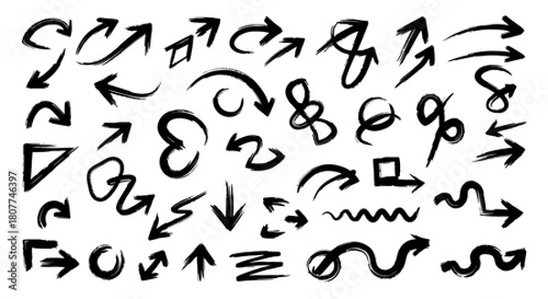 Obraz A large collection of hand-drawn black brushstroke arrows and various abstract shapes on a white background, illustrating different directions and styles.