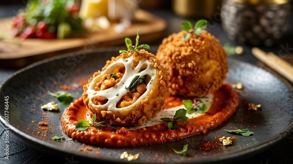 Fototapeta Hyper detailed close-up of deep fried kibbeh balls with red sauce