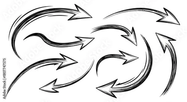 Fototapeta Collection of dynamic, hand-drawn sketch arrows with motion lines on a white background.