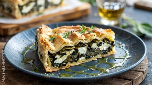 Obraz Hyper detailed slice of traditional Greek spanakopita spinach feta pie