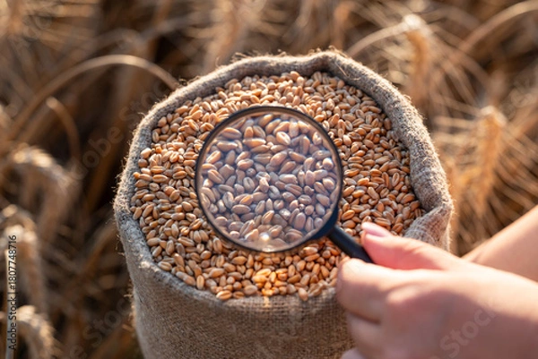 Obraz Hand holding a magnifying glass over wheat grain in a sack in the field. A magnifying glass focuses on the wheat grain, illustrating quality control, inspection, and care for agrarian production