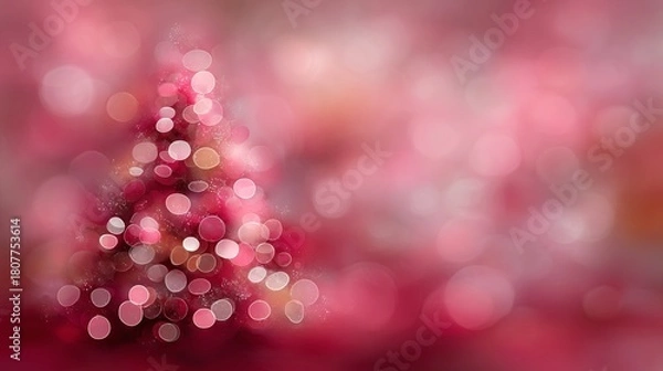 Fototapeta Festive Christmas tree adorned with colorful lights and ornaments, surrounded by a dreamy bokeh background in shades of pink, creating a warm holiday atmosphere with copy space