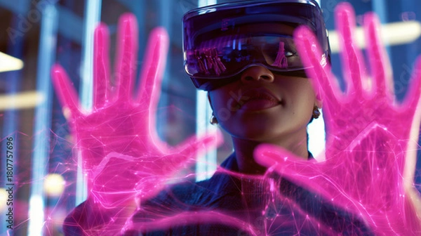 Obraz Student using VR headset & AI technology in smart classroom. Artificial intelligence, machine learning, virtual reality in education. Interactive learning, innovation, digital tools, futuristic school