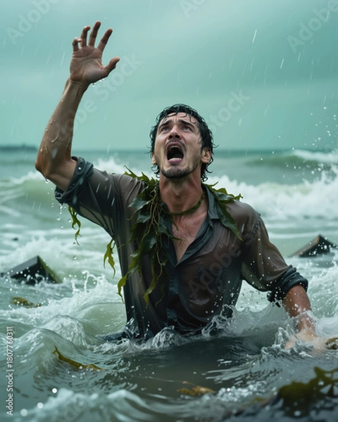 Fototapeta Man with dark hair and beard, wearing a wet shirt, screaming with an outstretched arm, surrounded by turbulent water and seaweed, conveying intense fear and desperation.