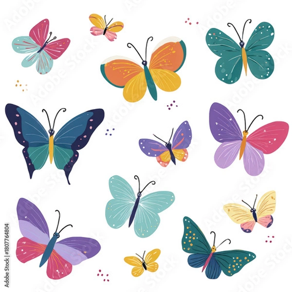 Fototapeta A vibrant collection of colorful hand-drawn butterflies.
