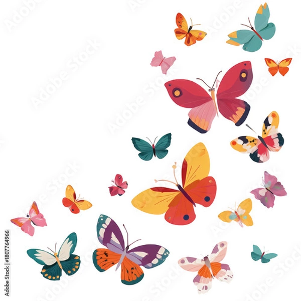 Fototapeta A vibrant collection of colorful butterflies in flight.