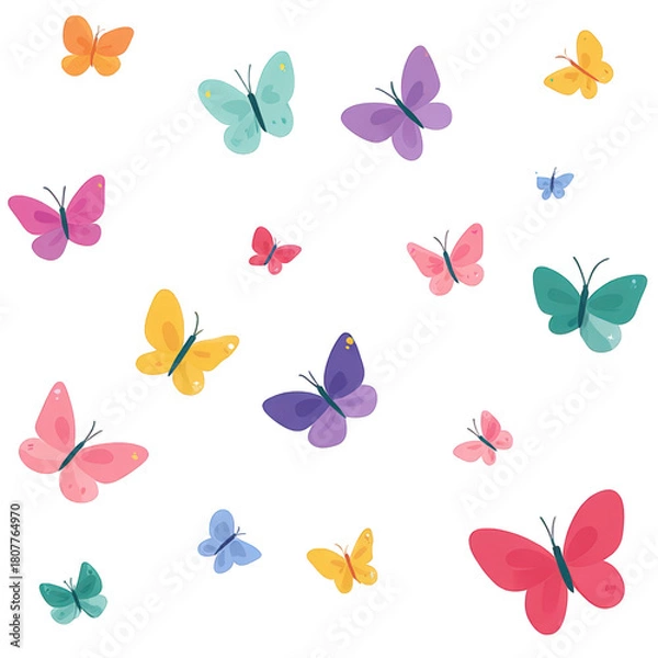 Fototapeta A beautiful collection of colorful watercolor butterflies flying together.