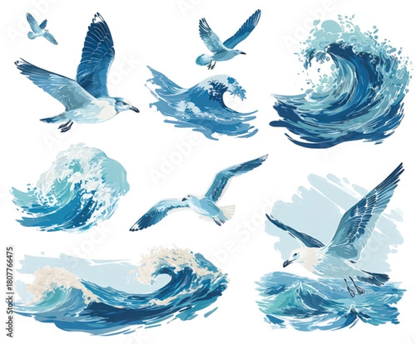 Fototapeta Collection of illustrated seagulls flying over blue ocean waves.