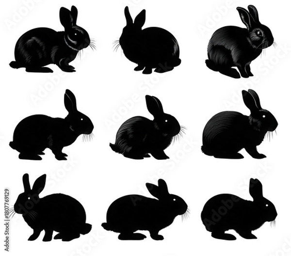 Fototapeta A collection of nine black rabbit silhouettes in various poses.