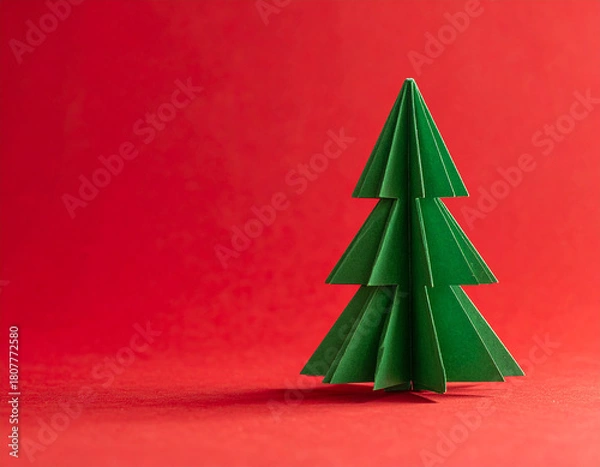 Fototapeta felicitacion navideña con un árbol o abeto de navidad con nieve, sobre un fondo rojo con liso sencillo, con espacio para texto y diseño de tarjeta o christmas de las fiestas 