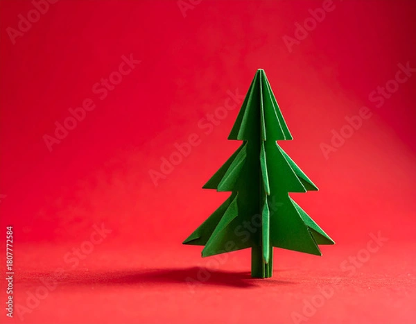 Fototapeta felicitacion navideña con un árbol o abeto de navidad con nieve, sobre un fondo rojo con liso sencillo, con espacio para texto y diseño de tarjeta o christmas de las fiestas 