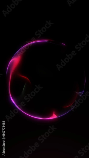 Fototapeta Vertical neon orb with glowing pink and red gradient light forming smooth fluid curves on a dark background. Portrait abstract futuristic sphere.